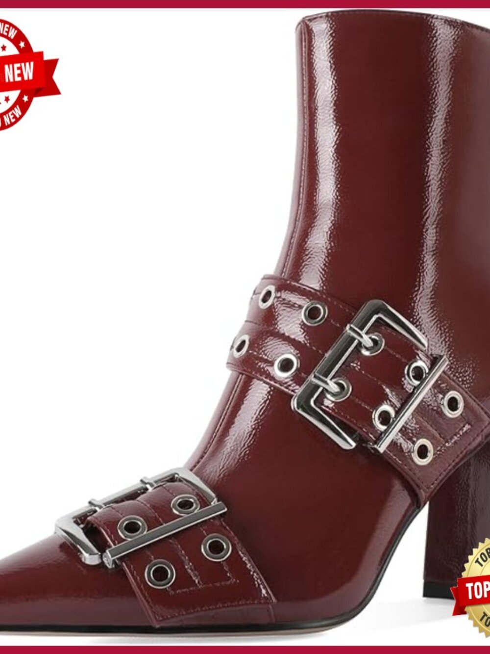 Pointed Toe Chunky High Heel Ankle Boots Studded Buckle Booties Spring